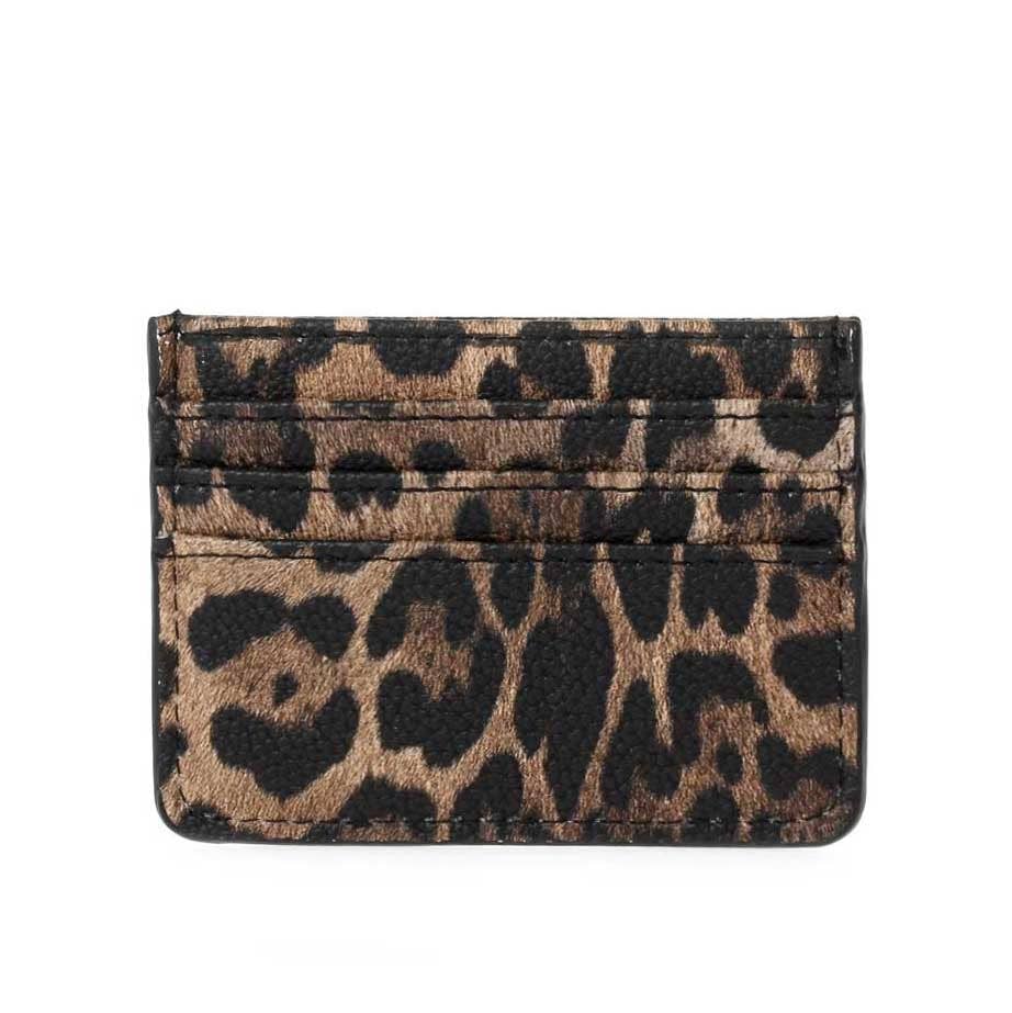 Slim vegan leather wallet with multiple card slots, shown in Leopard Print.