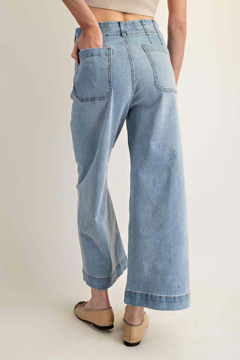 Light wash wide-leg cropped denim jeans with front patch pockets and contrast seaming.