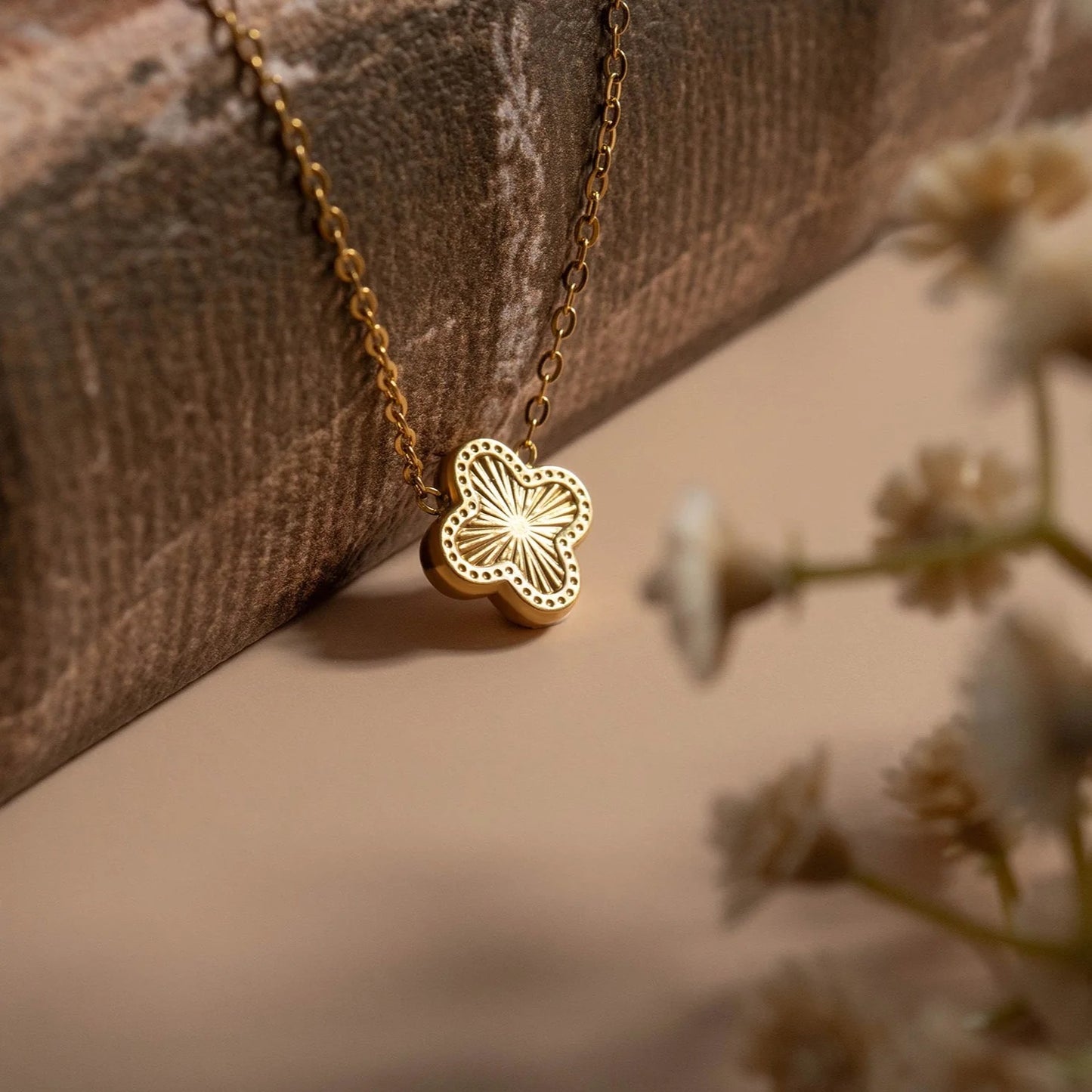 18K Gold Plated Stainless Lucky Clover Charm Necklace (Waterproof and Tarnish Free) with enamel fill on a dainty chain.