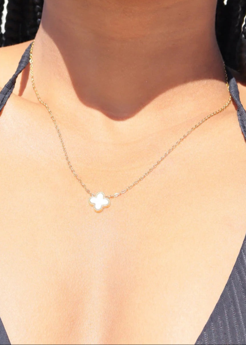 18K Gold Plated Stainless Lucky Clover Charm Necklace (Waterproof and Tarnish Free) with enamel fill on a dainty chain.
