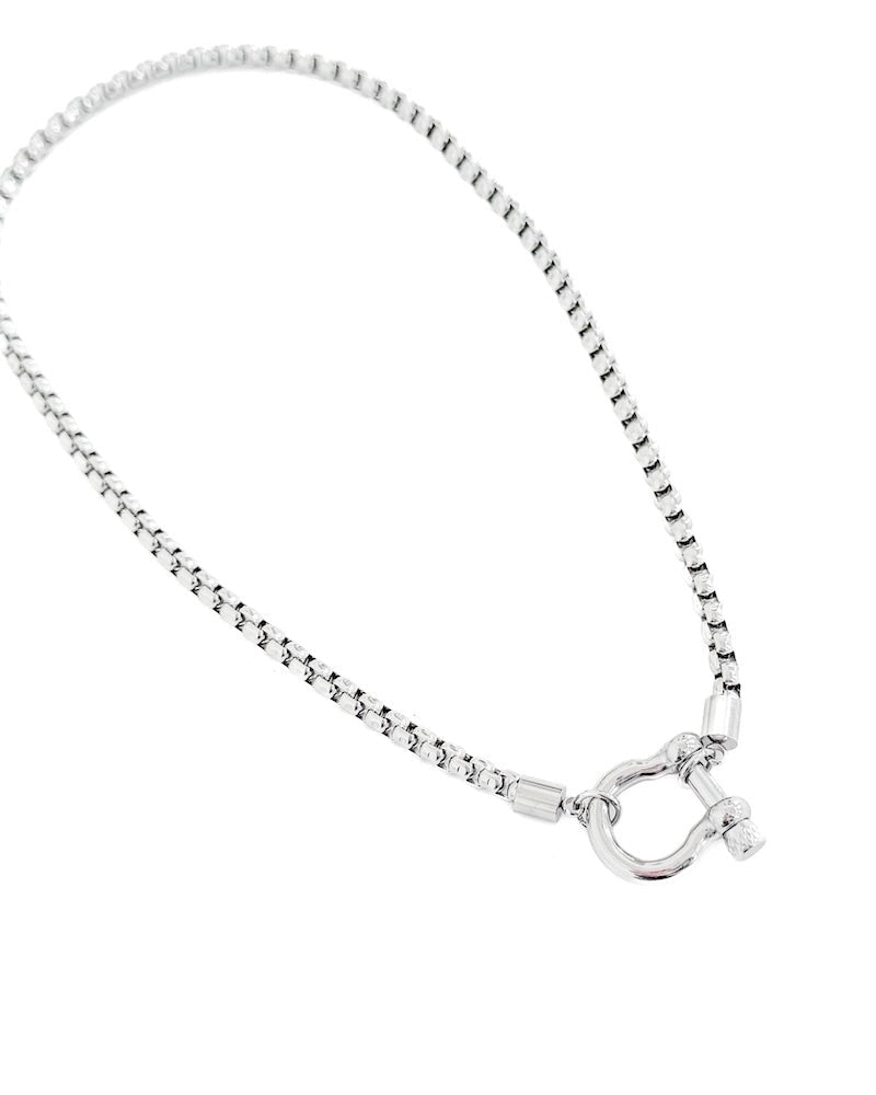 Silver chain necklace with a clasp on a white background.