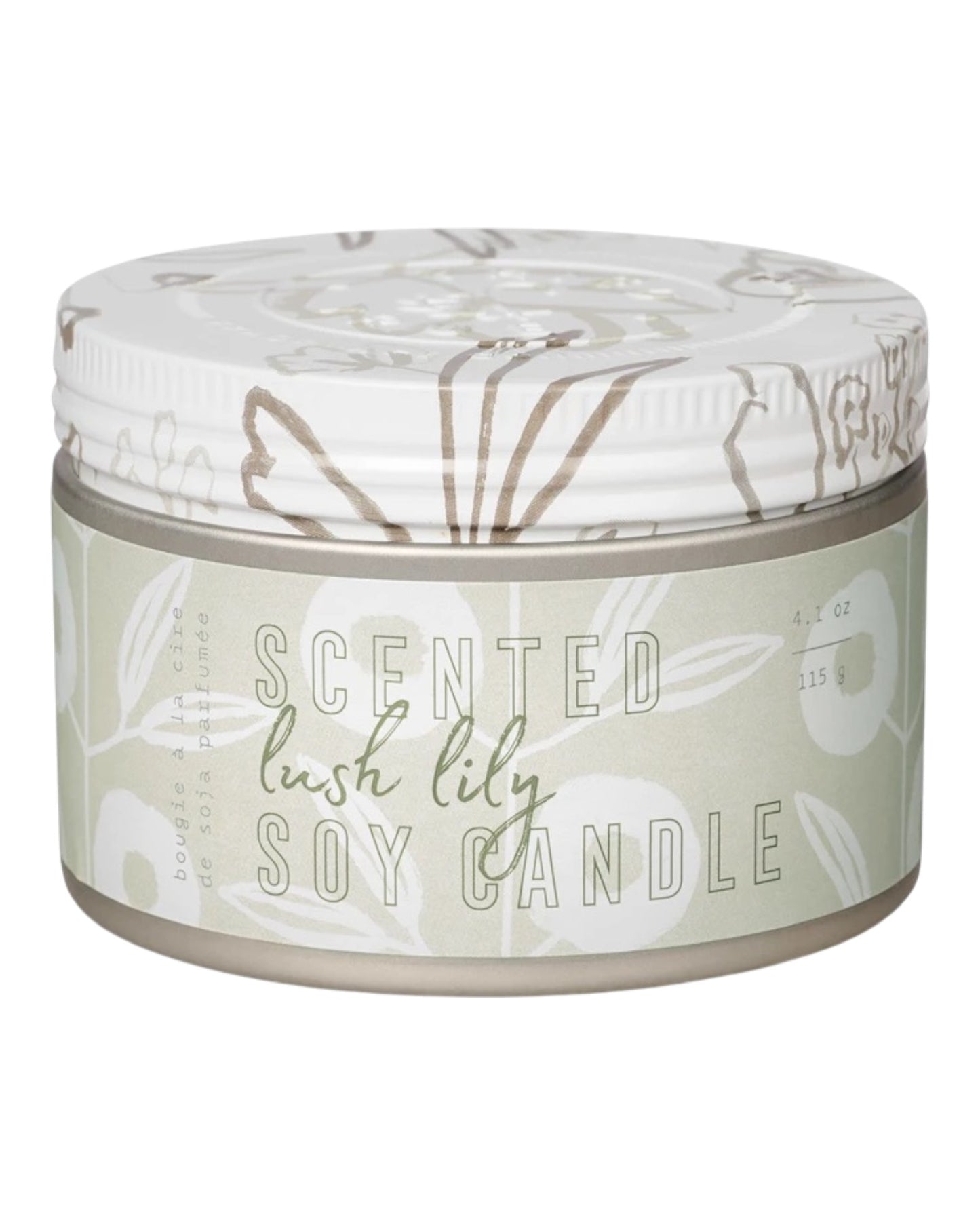 Scented lush lily soy candle with floral design on the lid and container.