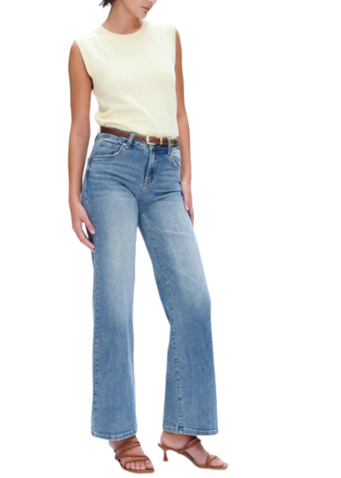 Mid-Rise Super Stretch Wide Leg Jeans in Medium Blue