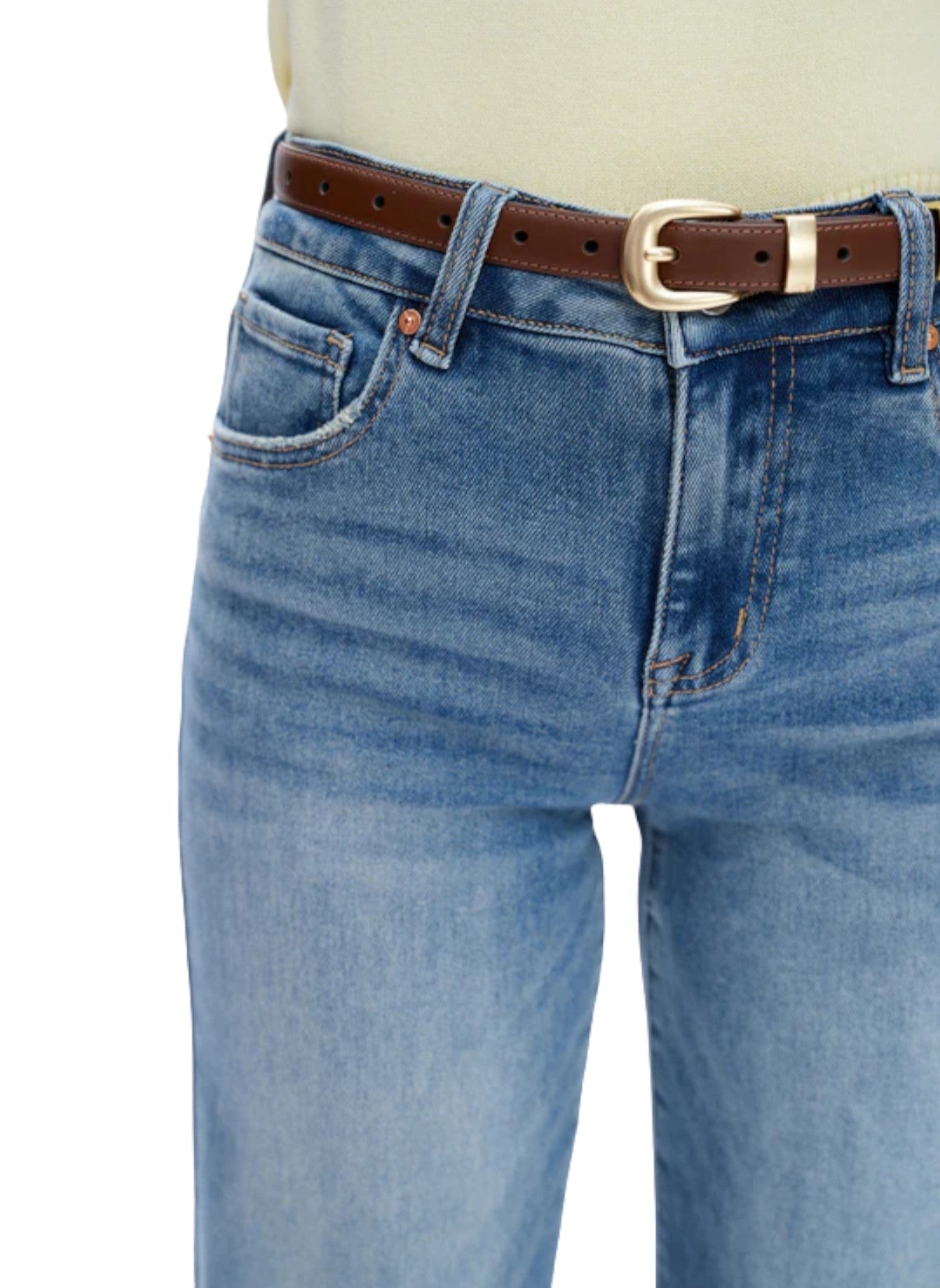 Mid-Rise Super Stretch Wide Leg Jeans in Medium Blue.