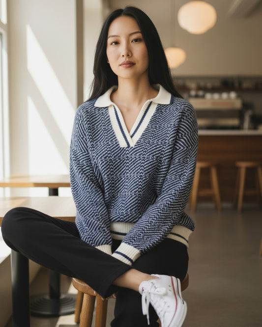 Varsity Navy Collared Knit Sweater in navy and ivory with geometric pattern and contrast trim with stripe.
