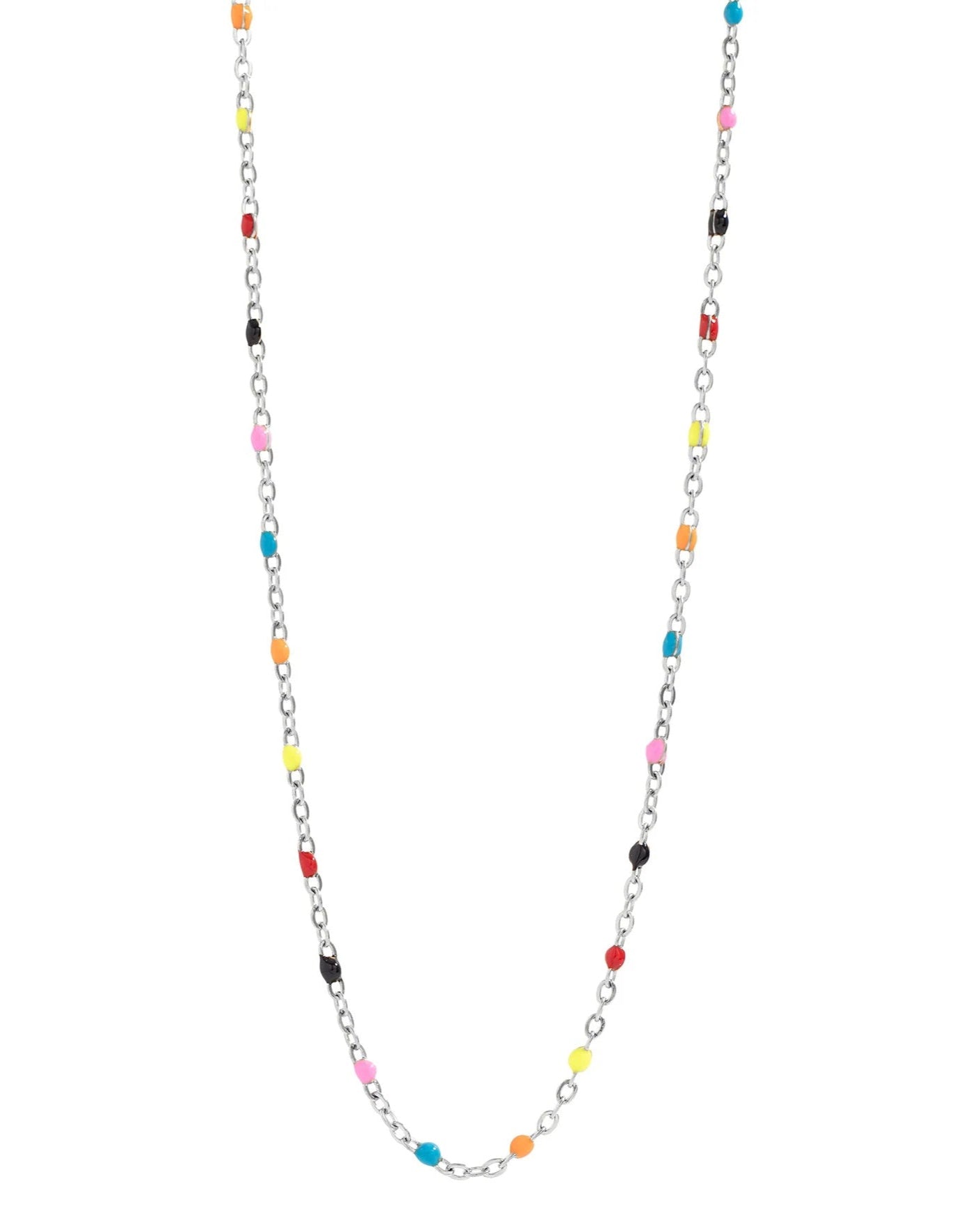 Silver necklace with colorful beads on a white background.