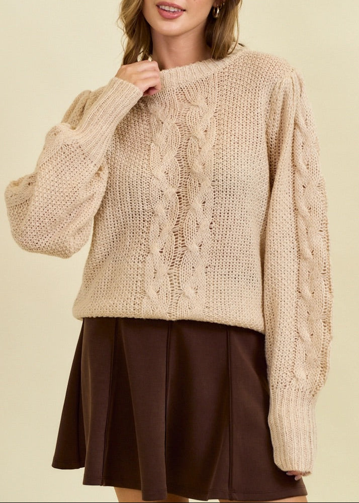 Oats & Honey Cable Pointelle Sweater with puff sleeves and soft knit texture.