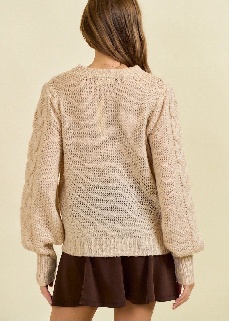 Oats & Honey Cable Pointelle Sweater with puff sleeves and soft knit texture.