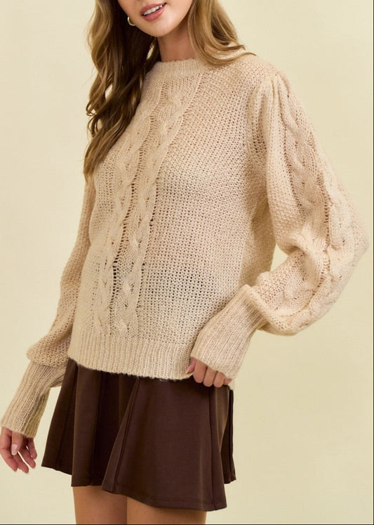 Oats & Honey Cable Pointelle Sweater with puff sleeves and soft knit texture.