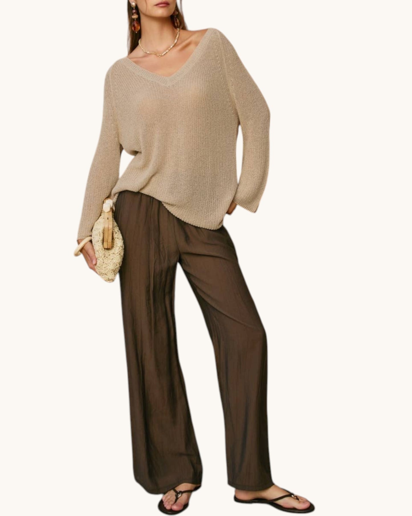 Oatmeal Lightweight Knit V-Neck Top