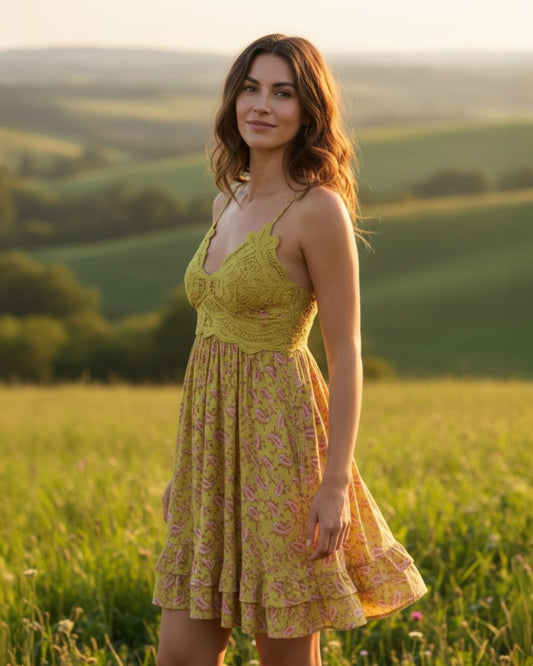 Woman wearing a olive and floral dress with green grass and hills in the background.