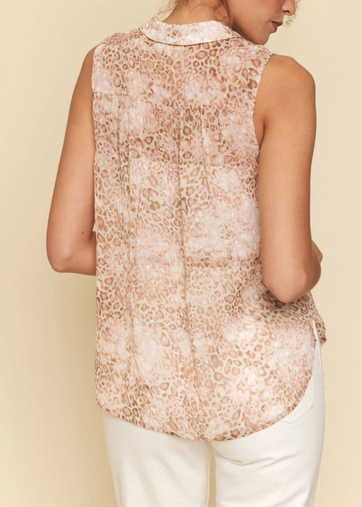 Semi-sheer sleeveless pink leopard print button-up top with shimmer thread detail.