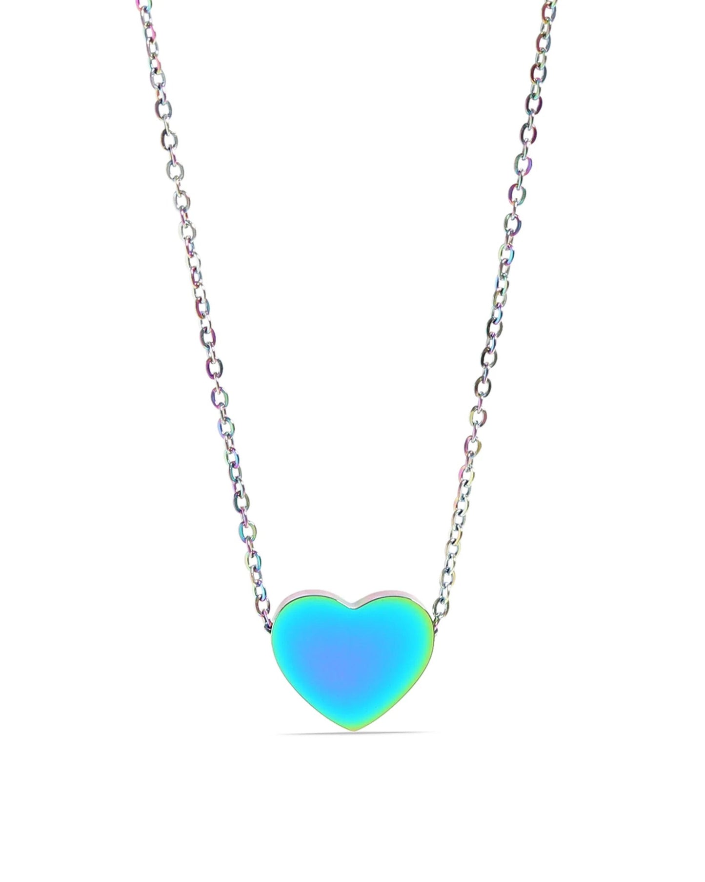 Rainbow stainless steel heart pendant on dainty rainbow chain.