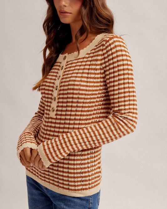 Spiced rust and cream pointelle cotton Henley top with long sleeves and contrast trim