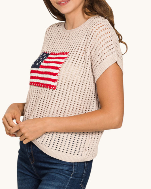 Sand Beige American Flag Open Knit Top