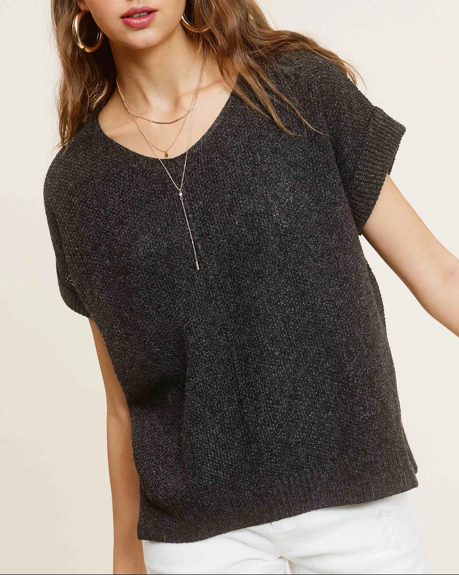 Charcoal Heather short-sleeve lightweight textured sweater with wide V-neck and side slits.
