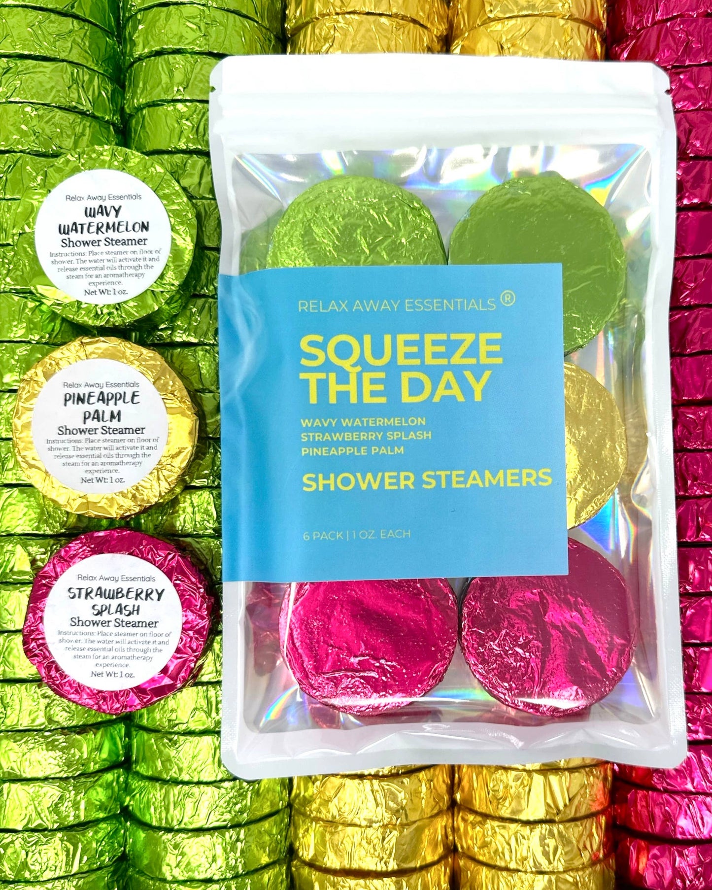 Pack of shower steamers with colorful packaging against a multicolored background.