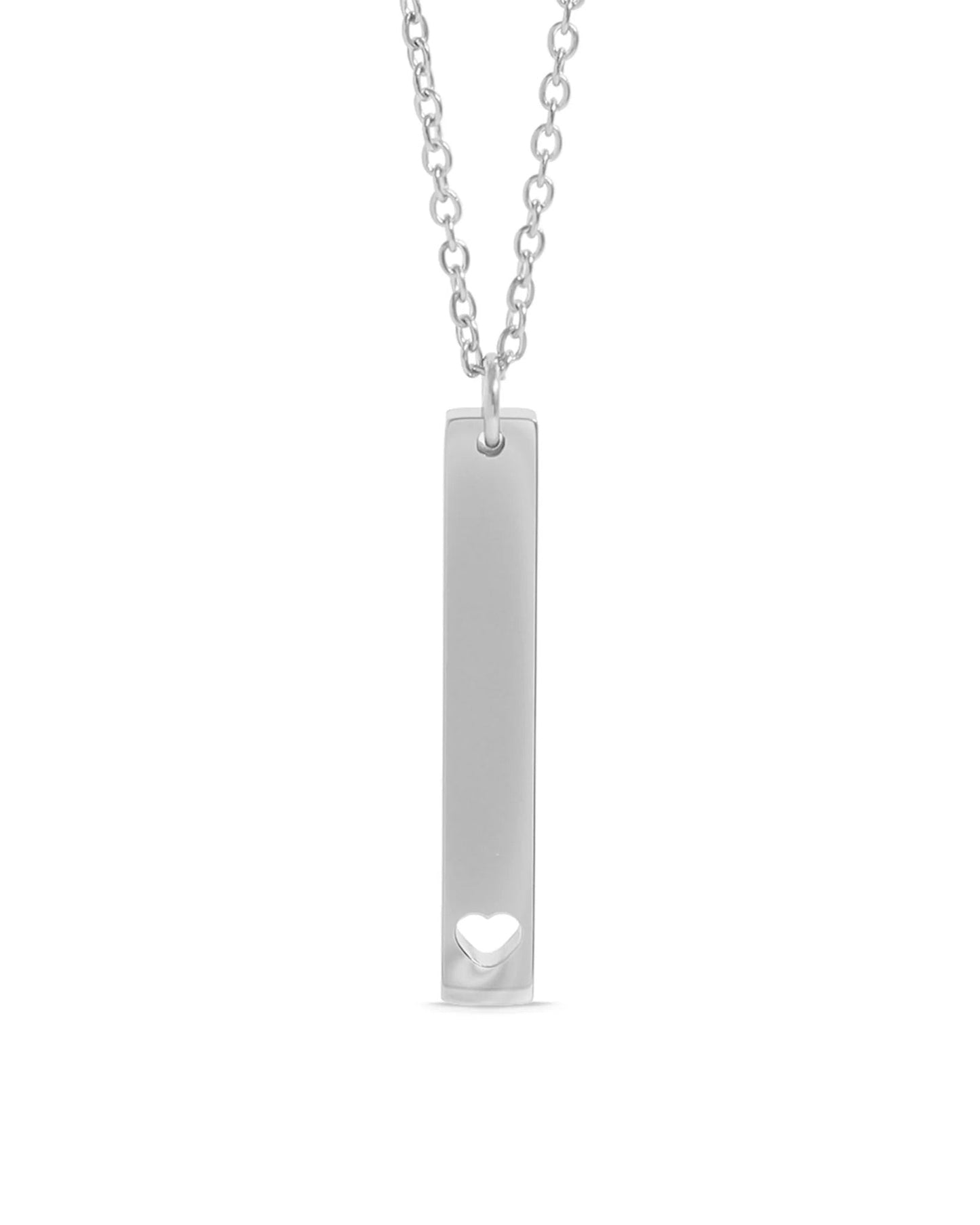 Silver necklace with a bar pendant featuring a heart cutout on a white background.