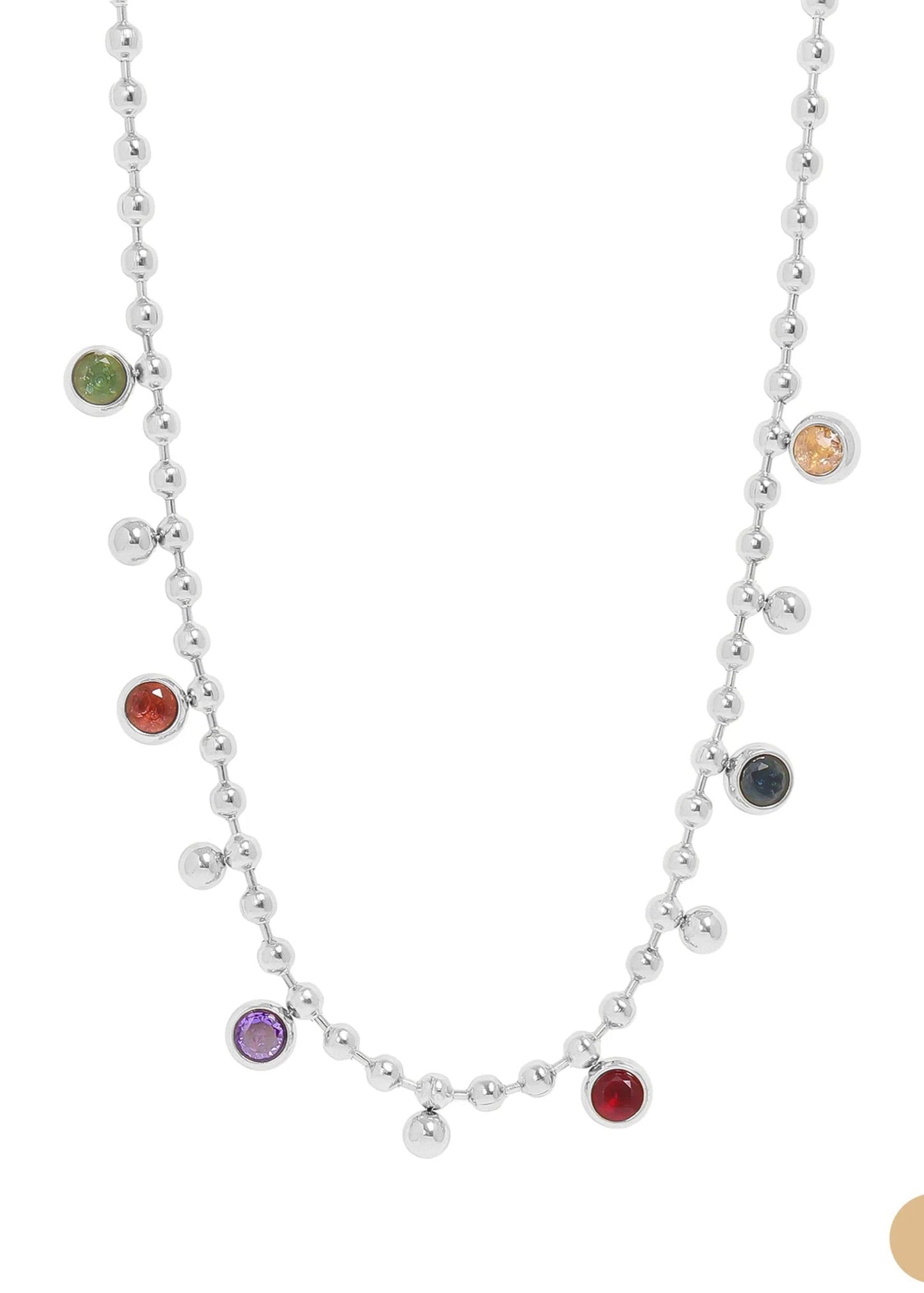 Multicolor beaded gem necklace on gold or stainless chain.