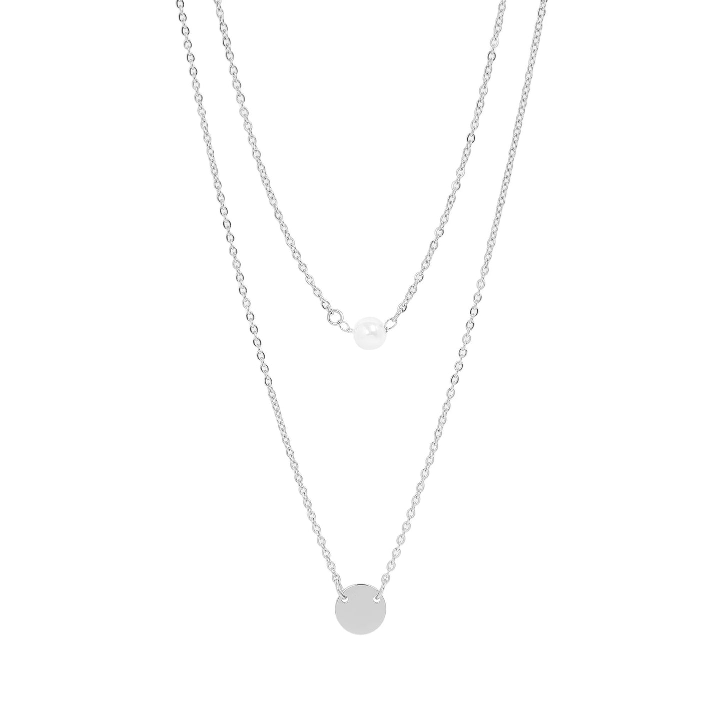 Silver Stainless Pearl and Disc Layered Necklace (Waterproof)