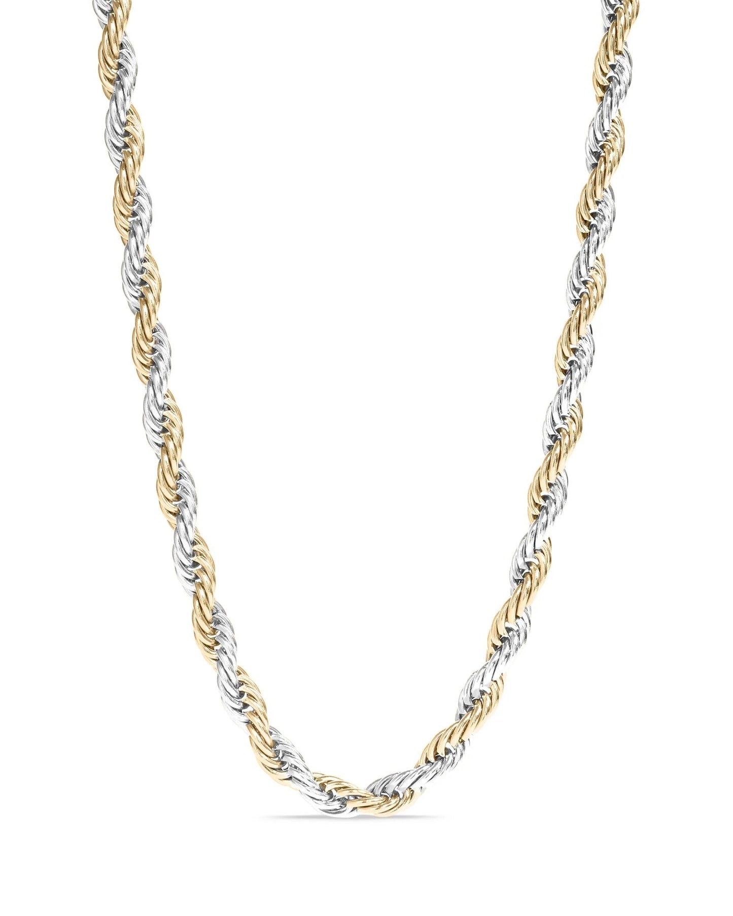 Two-tone gold and silver rope chain necklace on a white background.