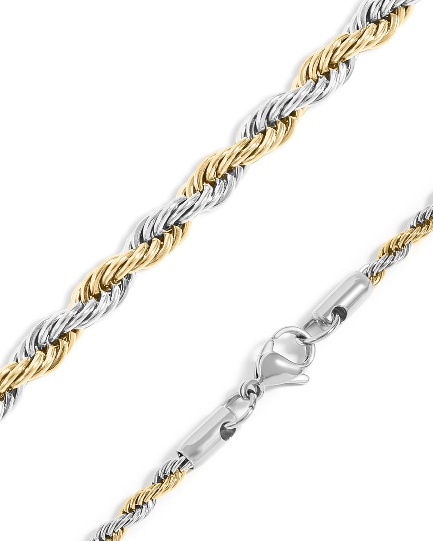 Two-tone gold and silver rope chain necklace on a white background.