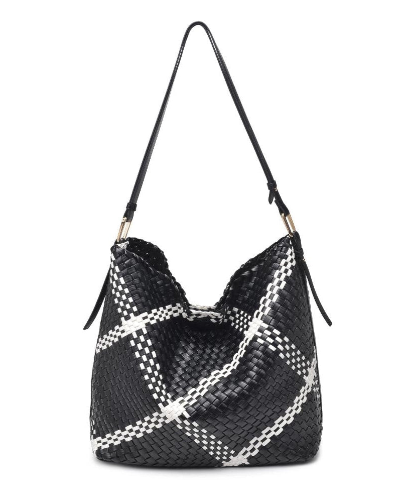 Black and white plaid vegan leather woven handbag with a strap on a white background.