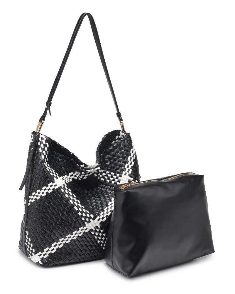Black and white woven plaid handbag with a matching black pouch on a white background.