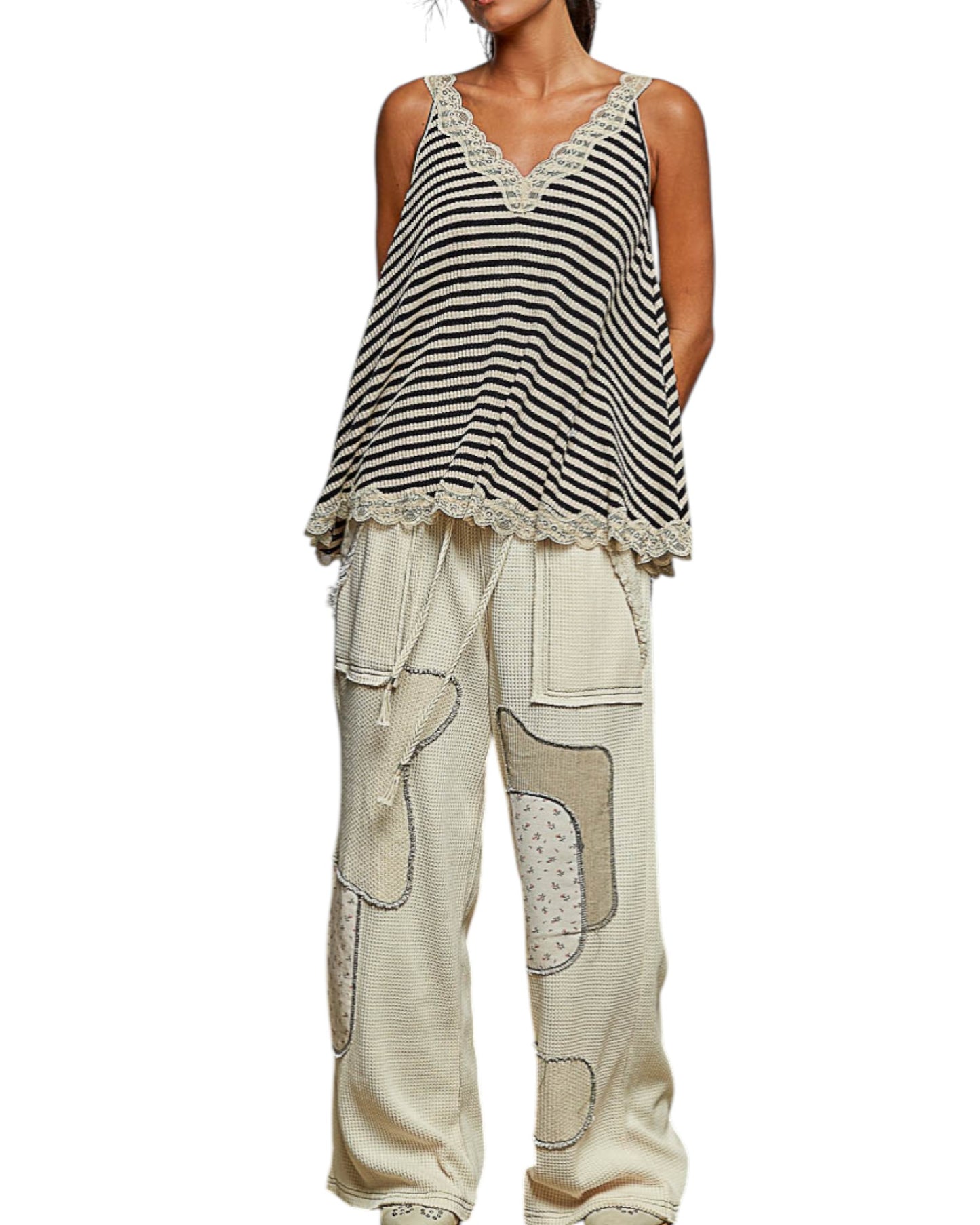 Featherlight Striped Black & Sand Lace Tank Top