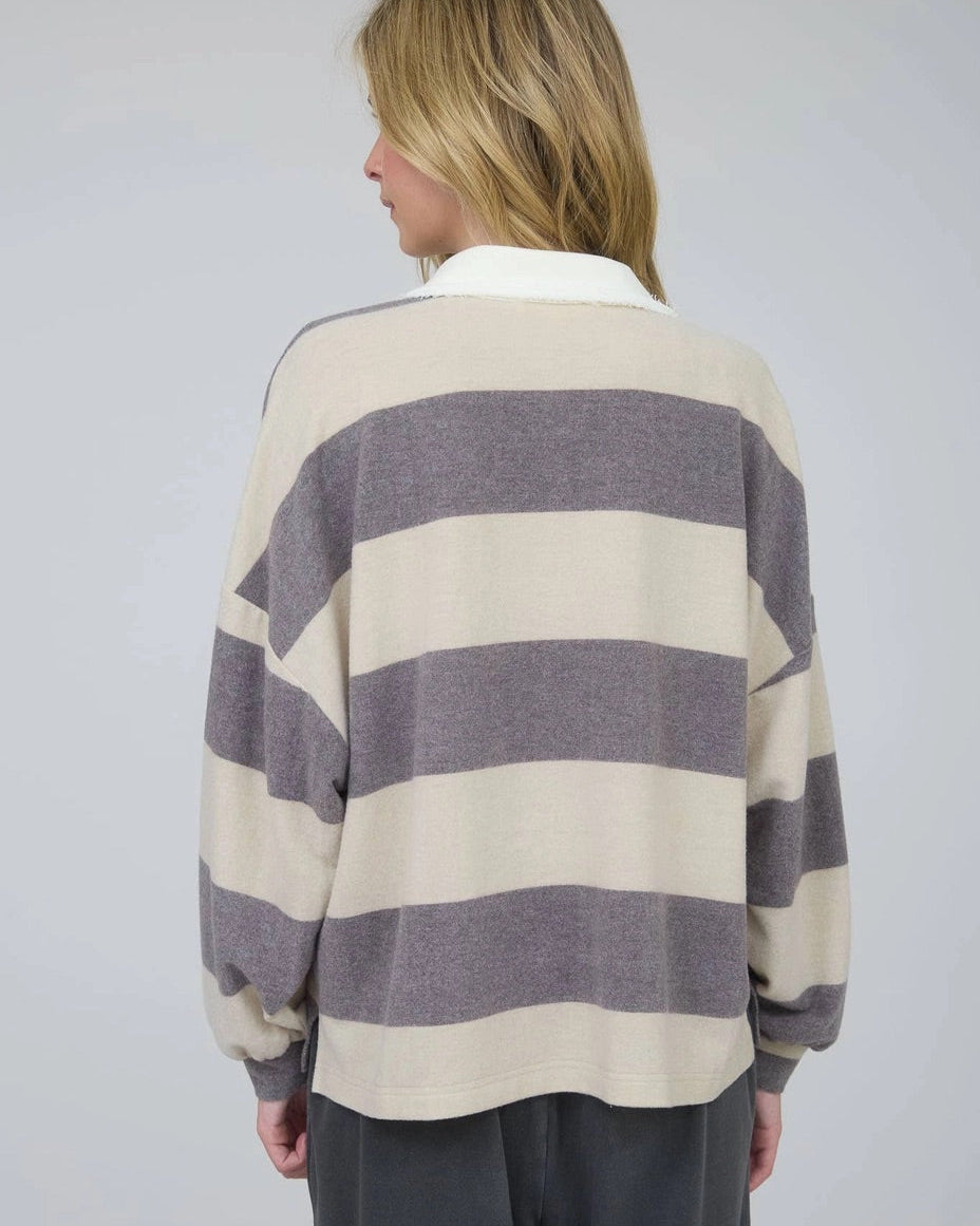 Taupe and charcoal washed rugby stripe top with ivory contrast collar and oversized buttons, relaxed fit.