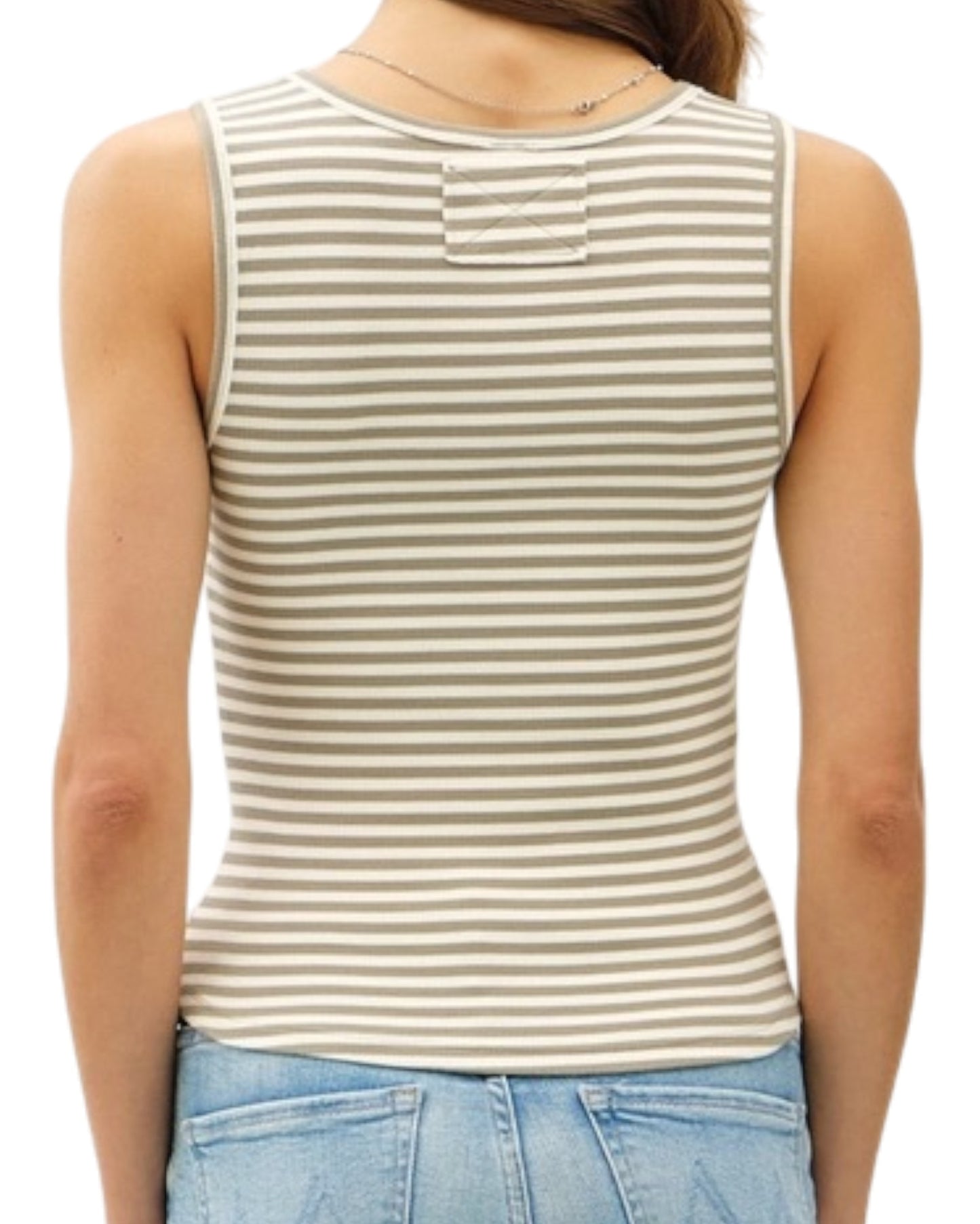 Khaki Striped Ribbed Cotton Blend Sleeveless Top