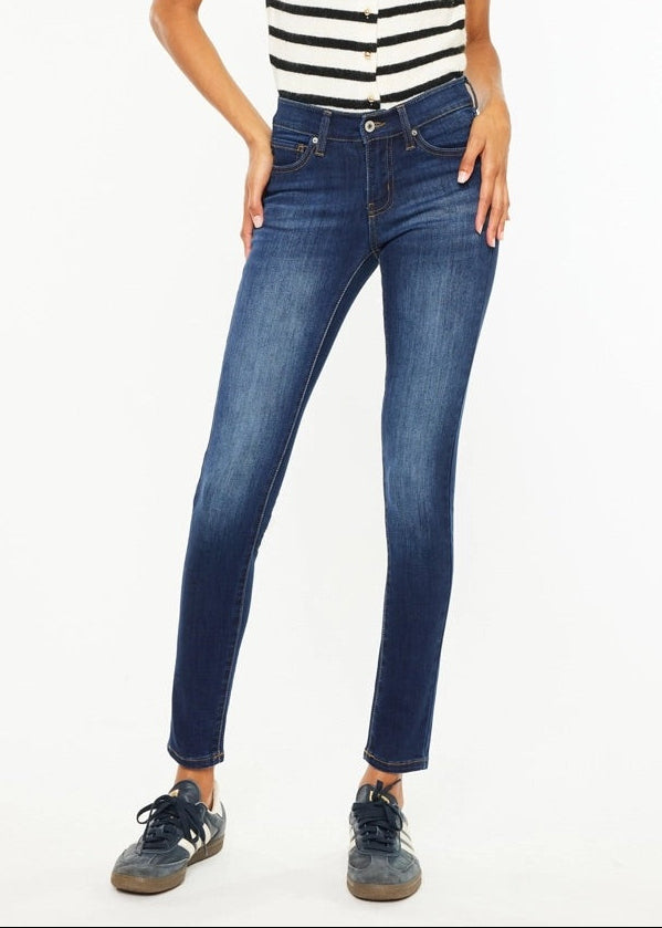 Kan Can Mid-Rise Super Skinny Jeans in dark wash denim with slim leg fit.