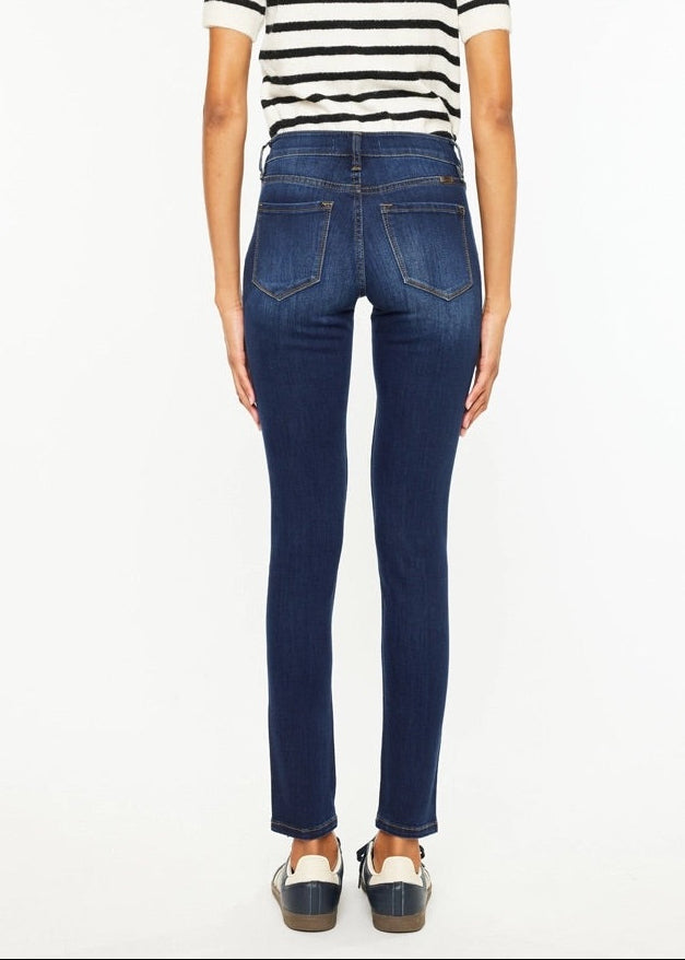 Kan Can Mid-Rise Super Skinny Jeans in dark wash denim with slim leg fit.