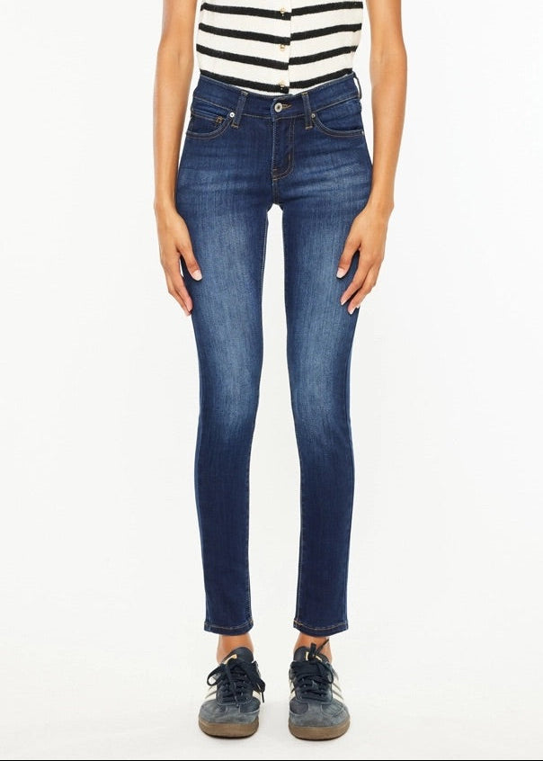 Kan Can Mid-Rise Super Skinny Jeans in dark wash denim with slim leg fit.