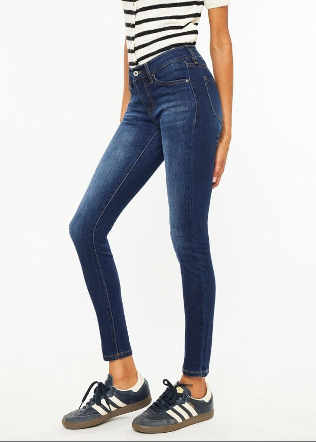 Kan Can Mid-Rise Super Skinny Jeans in dark wash denim with slim leg fit.