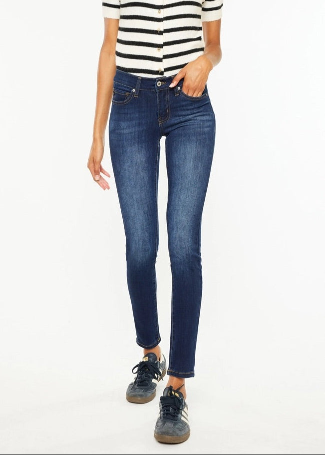 Kan Can Mid-Rise Super Skinny Jeans in dark wash denim with slim leg fit.