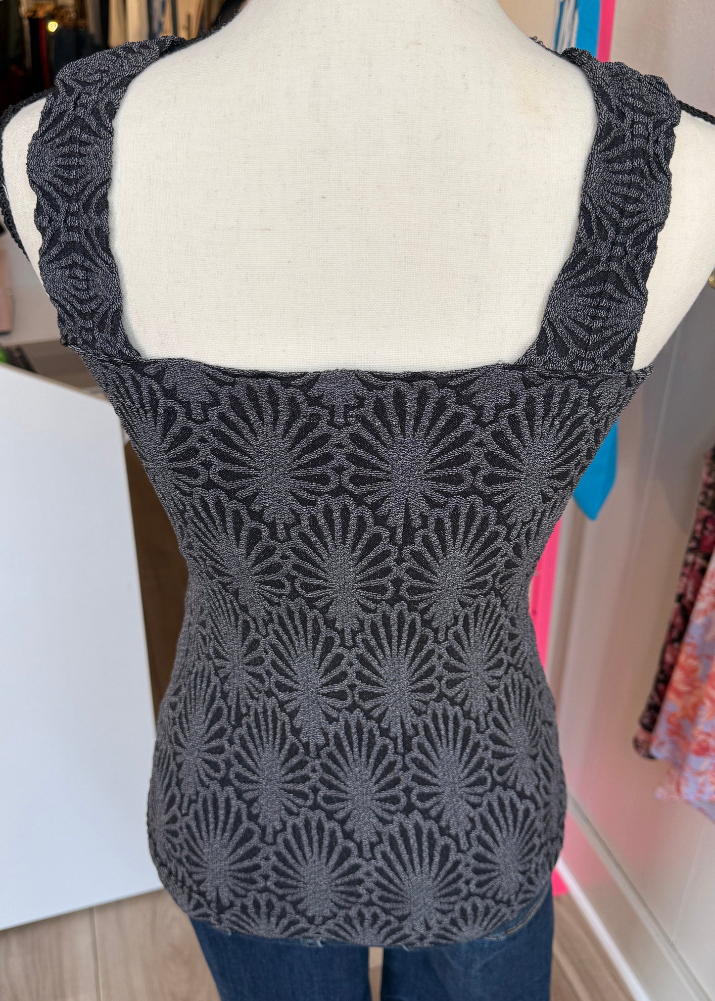 Charcoal fitted tank top with floral texture, square neckline and stretchy knit.
