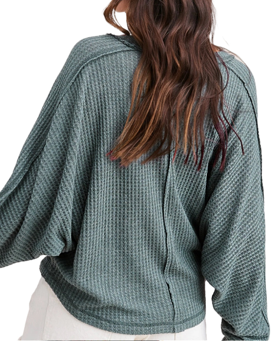 Shadowed Sage Relaxed Fit Top in brushed waffle knit with long sleeves and raw hem.