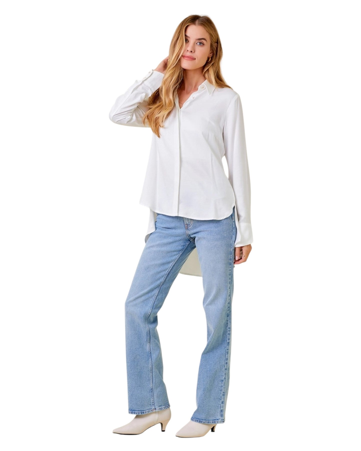 Snow White Peplum Back Button Up Shirt