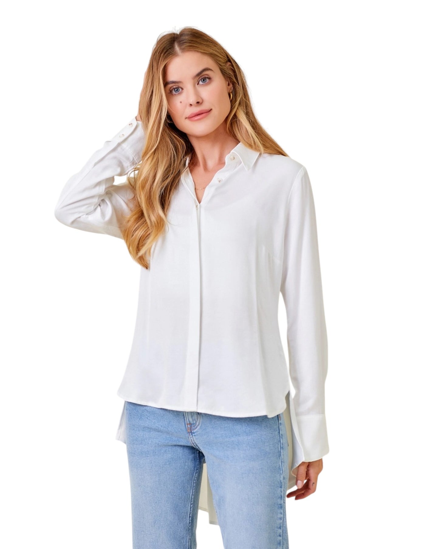 Snow White Peplum Back Button Up Shirt