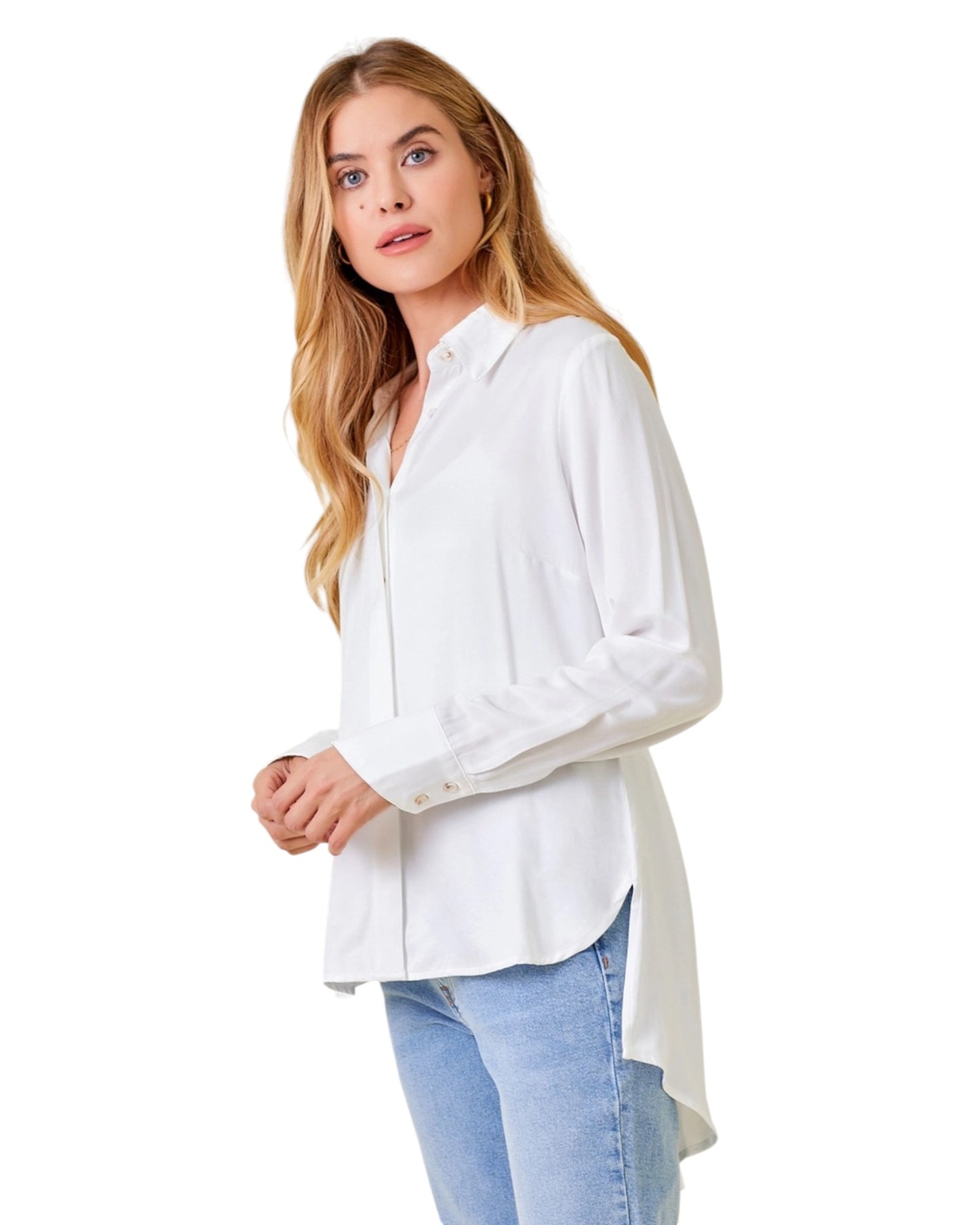 Snow White Peplum Back Button Up Shirt