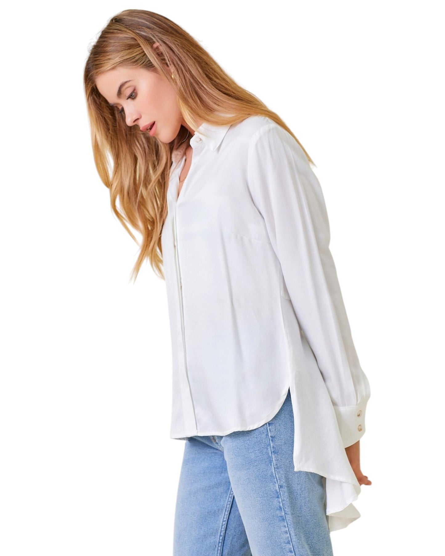 Snow White Peplum Back Button Up Shirt