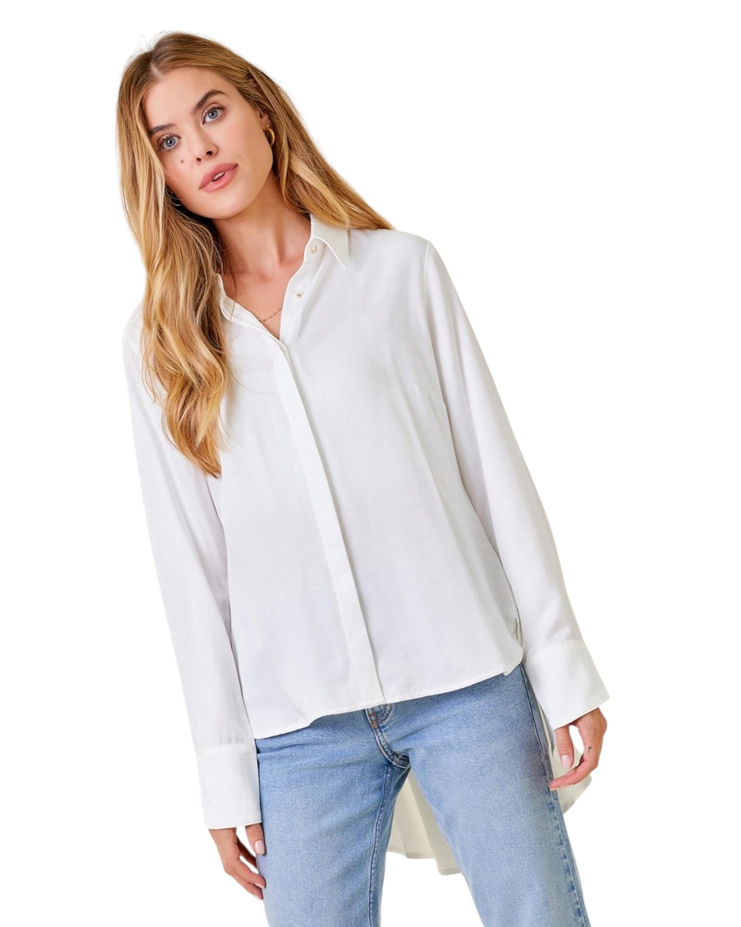 Snow White Peplum Back Button Up Shirt