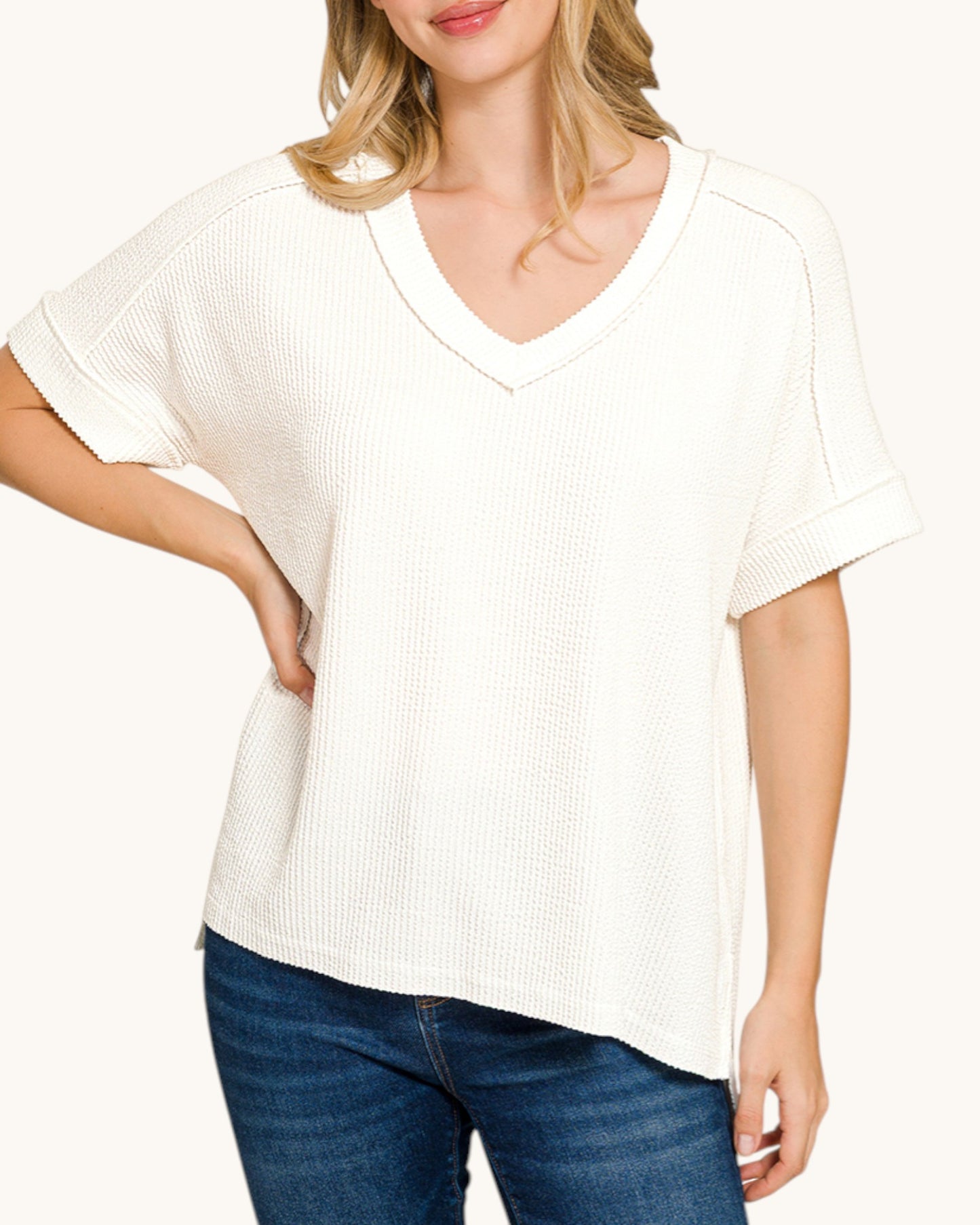 Easy Peasy White Textured Short Sleeve Top