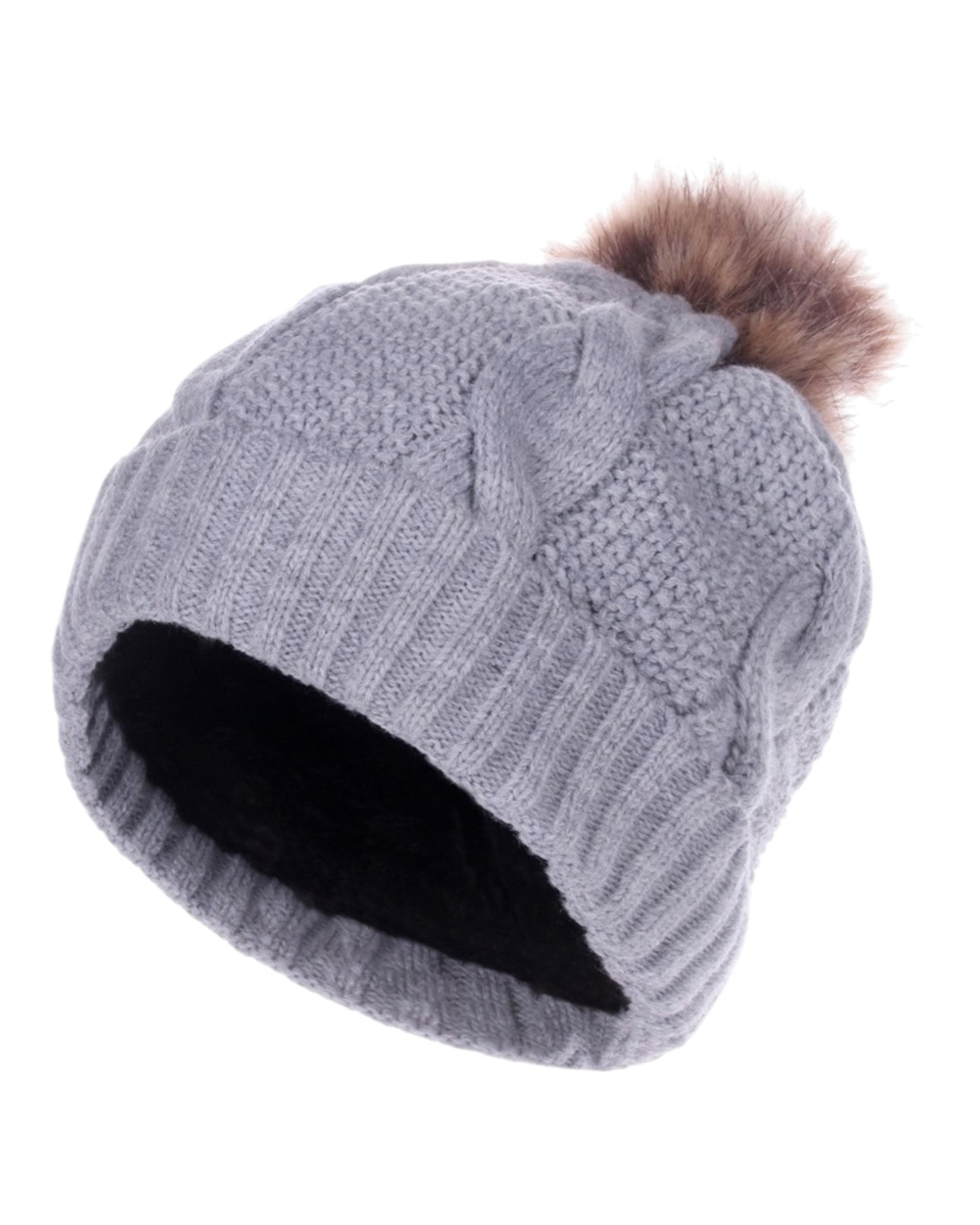 Gray knit beanie with a brown pom-pom on a white background.