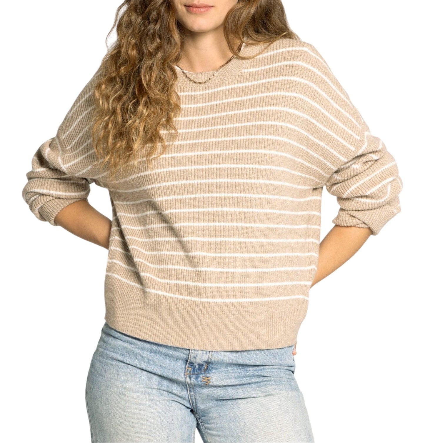 Taupe and ivory striped ribbed knit sweater with crew neckline and relaxed fit