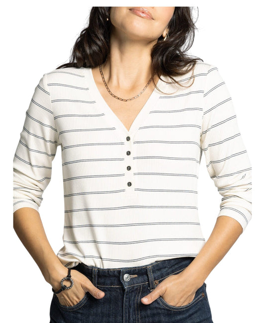 Off white and navy striped long sleeve Henley top with V neckline.