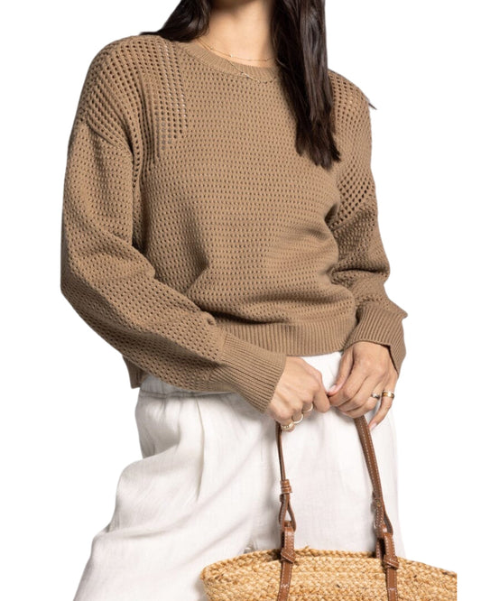 Oak open knit cotton sweater with crew neckline and relaxed fit.