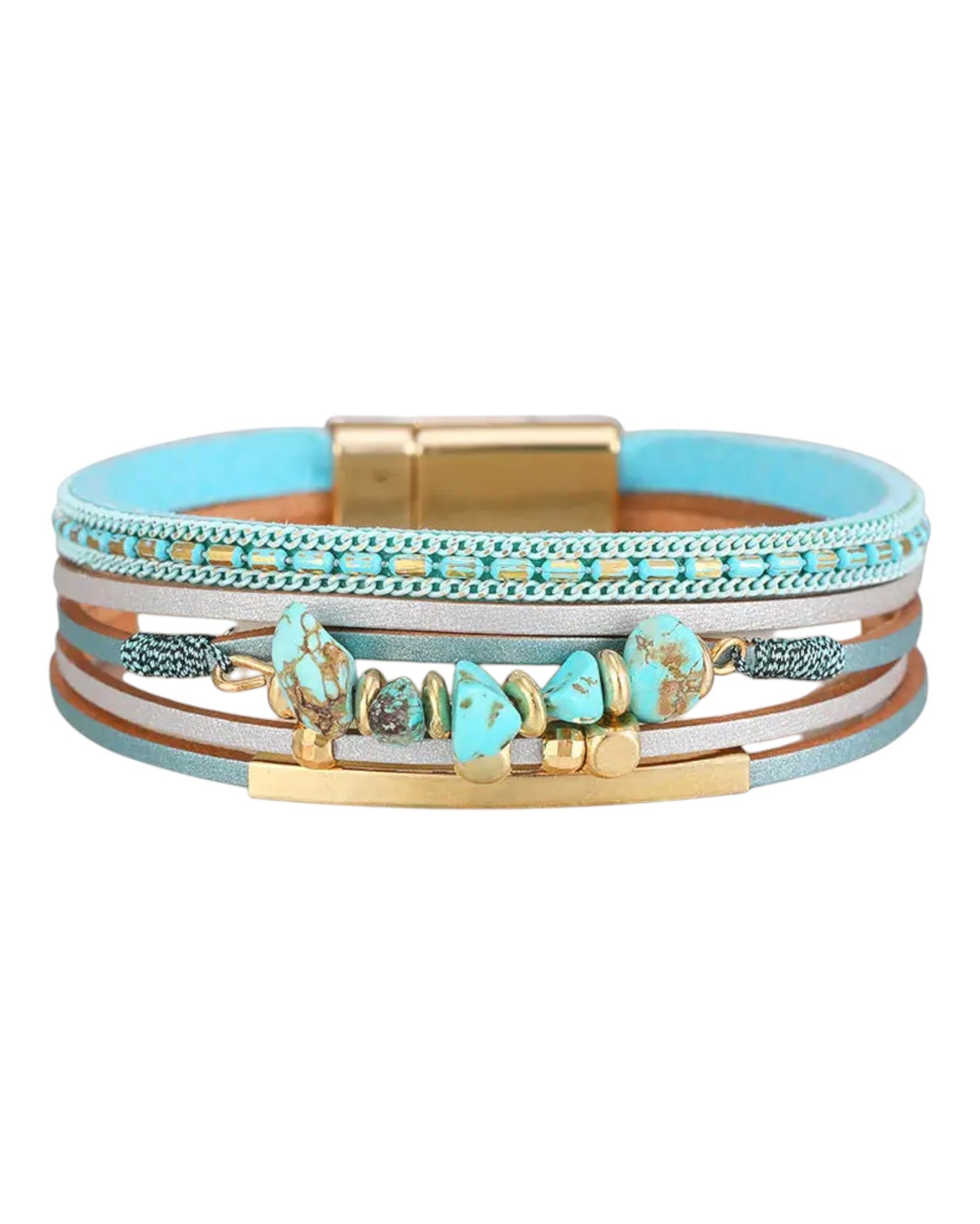 Aqua Boho Natural Stone & Leather Woven Bracelet