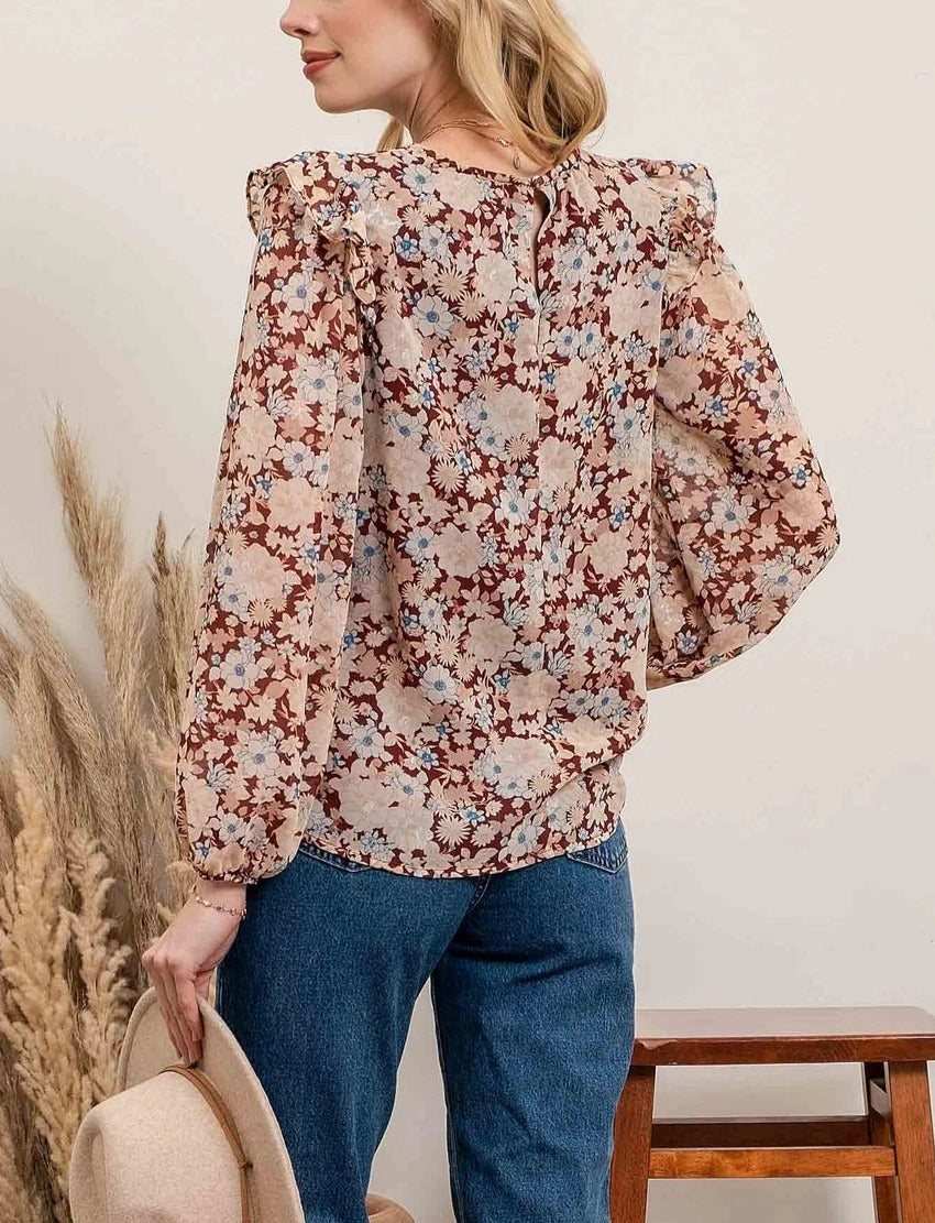 Burgundy Floral Ruffled Long Sleeve Top